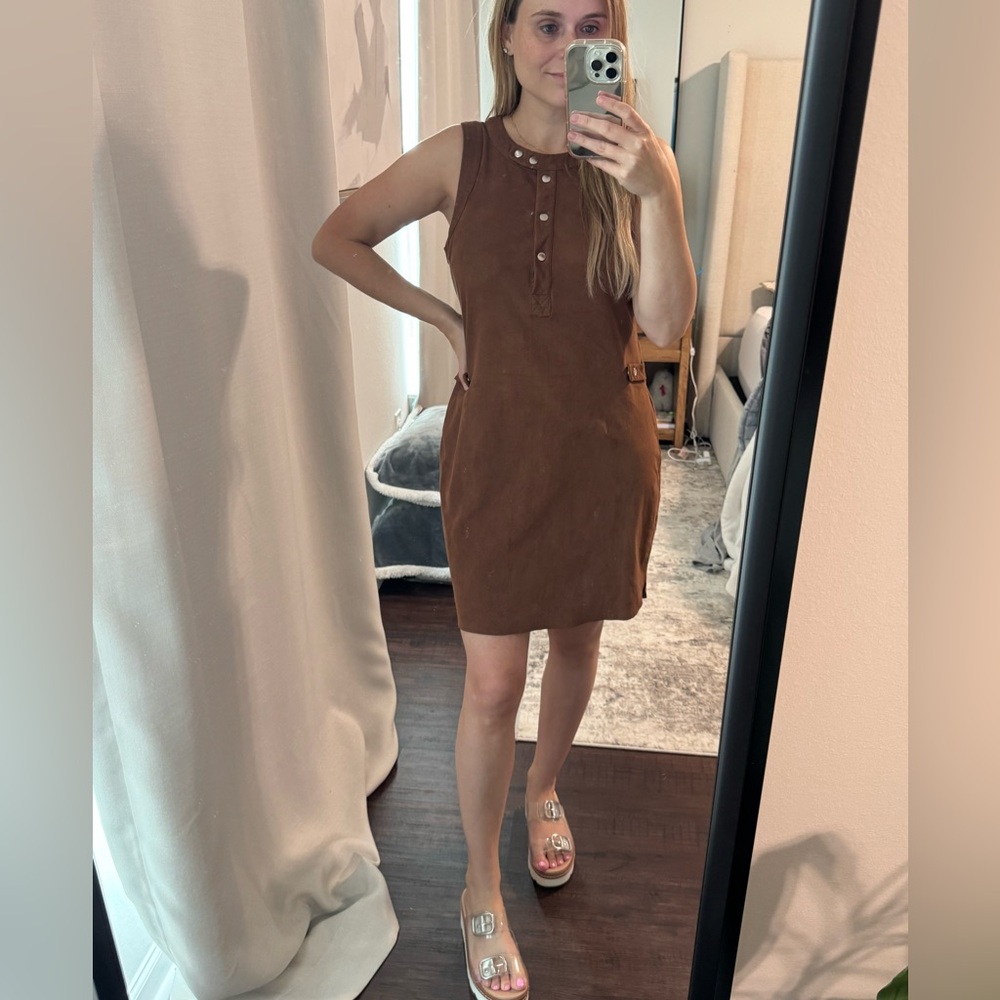 State Sleeveless Brown Faux Suede Henley Dress - Picture 4 of 10